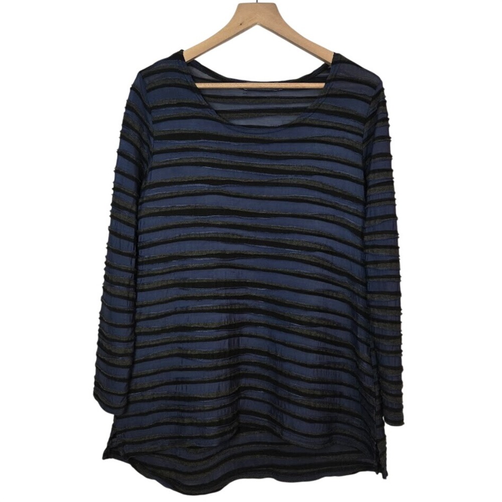 Cut Loose Women's Petie M Tunic Blue Black Stripe Textured Striped Scoop Neck